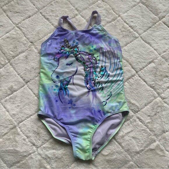 Wonder Nation | Purple Green Bling Unicorn One Piece Swimsuit | Size Medium 7/8 - Picture 2 of 8